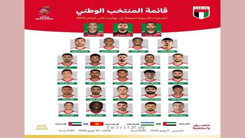 المنتخب الوطني يعلن قائمة اللاعبين لمواجهتي أوزباكستان وقيرغيزستان المنتخب الوطني يعلن قائمة اللاعبين لمواجهتي أوزباكستان وقيرغيزستان
